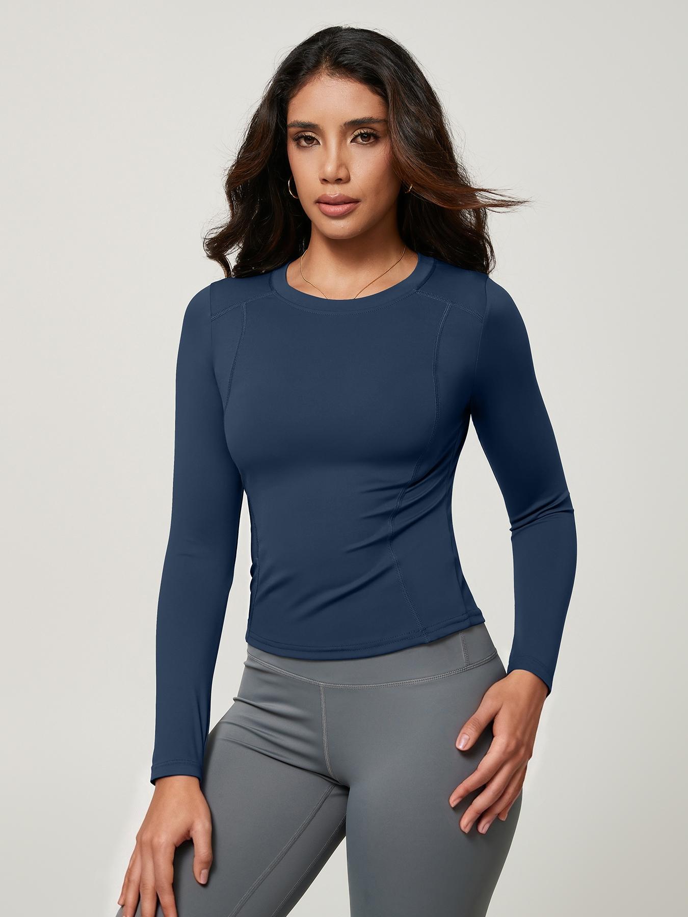 Women's Solid Color Long Sleeve Sport Top, Round Neck Thumb Hole Design, Comfortable Casual Yoga Gym Running Cycling Golf Tennis Wear, Fitness Running Tops