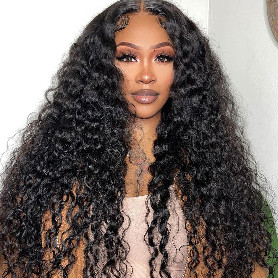 Moreface Beauty Water Wae Pre-Bleached Knots Wig Human Hair Lace Frontal Wigs Natural Color Deep Wave Wig Transparent Lace Frontal Human Hair Wigs Kinky Curly Lace Front Wig