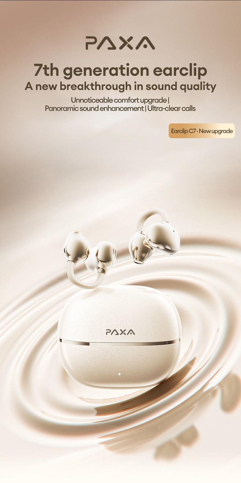 PAXA Earclip C7 Clip-on Design Wireless Earphones, Upgraded Panoramic Sound Headset, Comfortable Wearing & IPX5 Waterproof Sports Earbuds for Work, Fitness