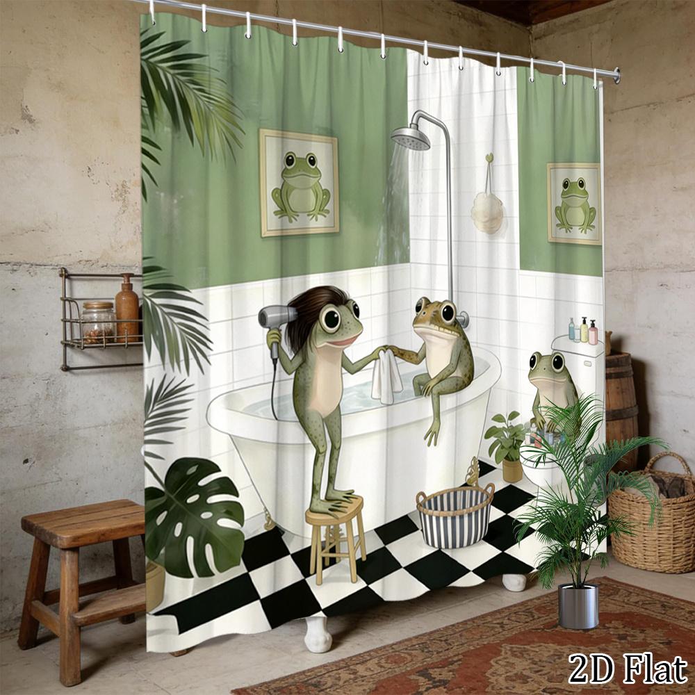 1pc 2D Flat Funny Frog Shower Curtain Bathroom Decor Bath Curtain with 12 plastic Hooks 70.8x70.8 Inch Featuring Cartoon Frogs in Bathtub and Nature Theme Wall Art for Unique Bathroom Style