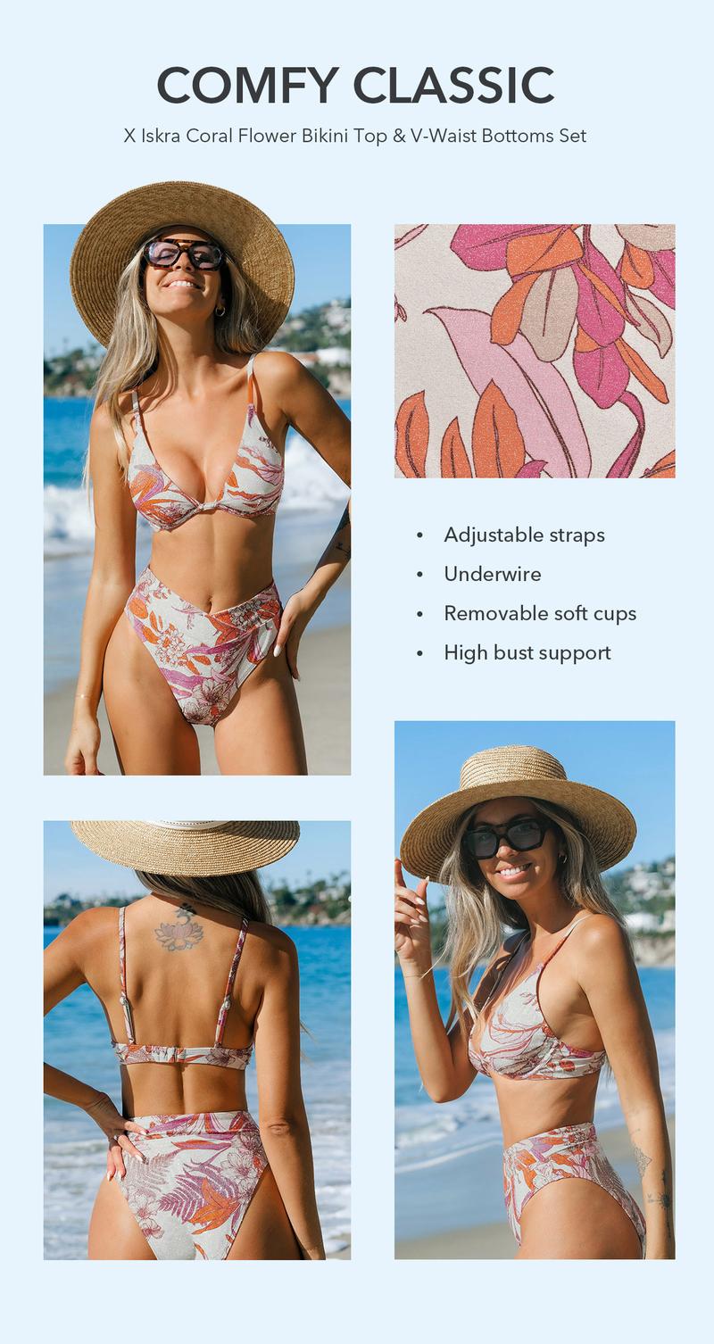 CUPSHE 【Valentine's Day】 Coral Flower Bikini Top & V-Waist Bottoms Set Summer Beachwear Adjustable Straps Underwire Swimwear Fashion Swimsuit Season Women Bathing Suits