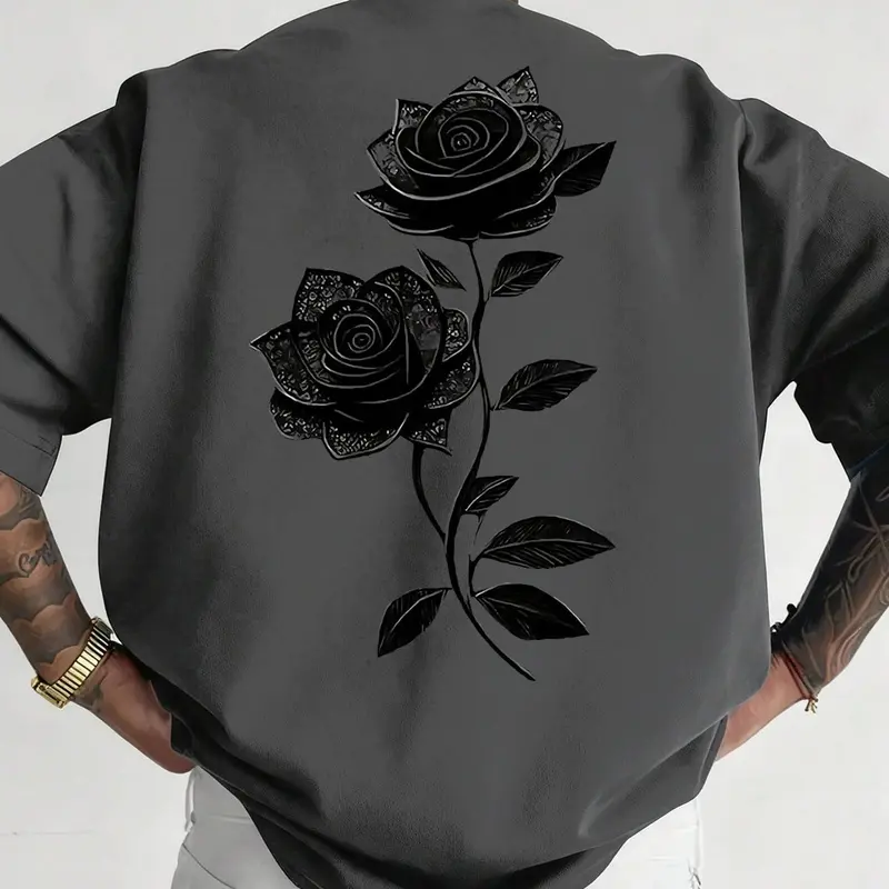 Men's Dark Gray T-Shirt with Black Rose Print, Casual Crew Neck Short Sleeve Graphic Top, Summer Streetwear