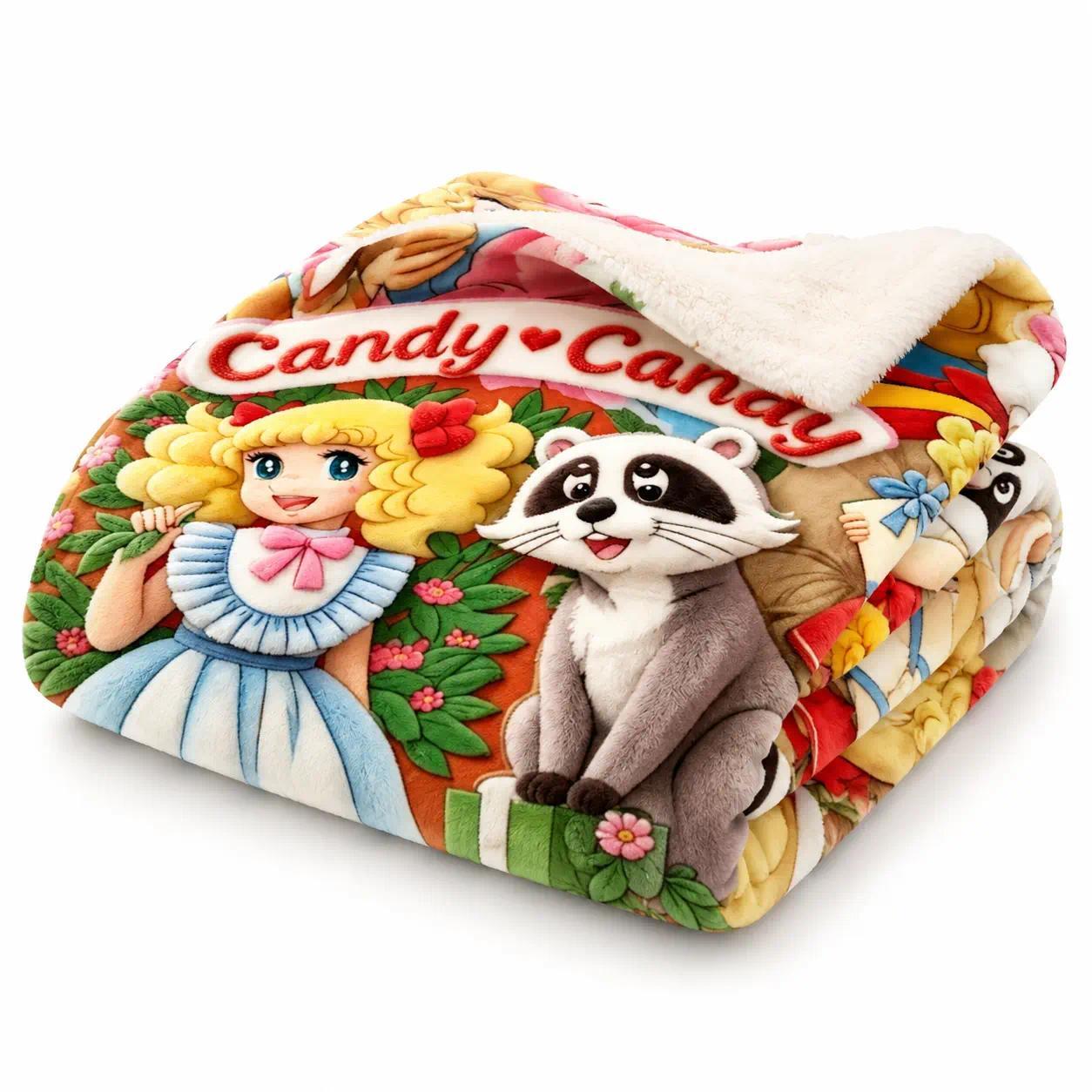 Vintage Candy Candy Classic Cartoon Girl Raccoon Pattern Flannel Throw Blankets Cooling Blankets Cooling Blanket Duvet Bedding Bed Accessories Comforter Set Retro Style Soft Ultra Cozy Lightweight Multi Purpose Decor Blanket for Bed Sofa Couch Bedroom Dor
