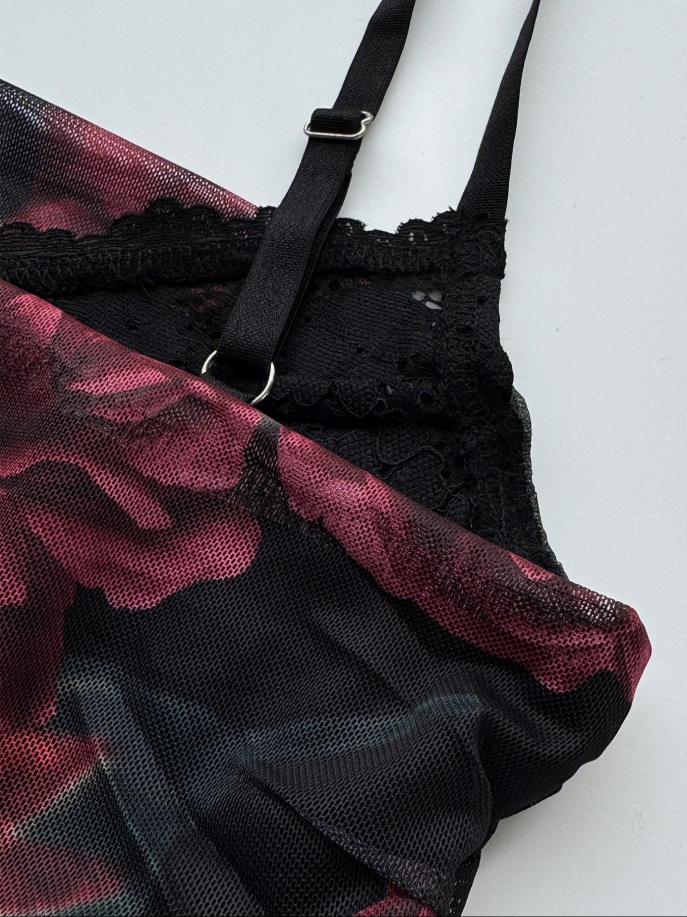Y2K Trendy Street Style Lace Spaghetti Strap Top, Sexy Floral Print Sheer Mesh Backless Cami for Summer Party