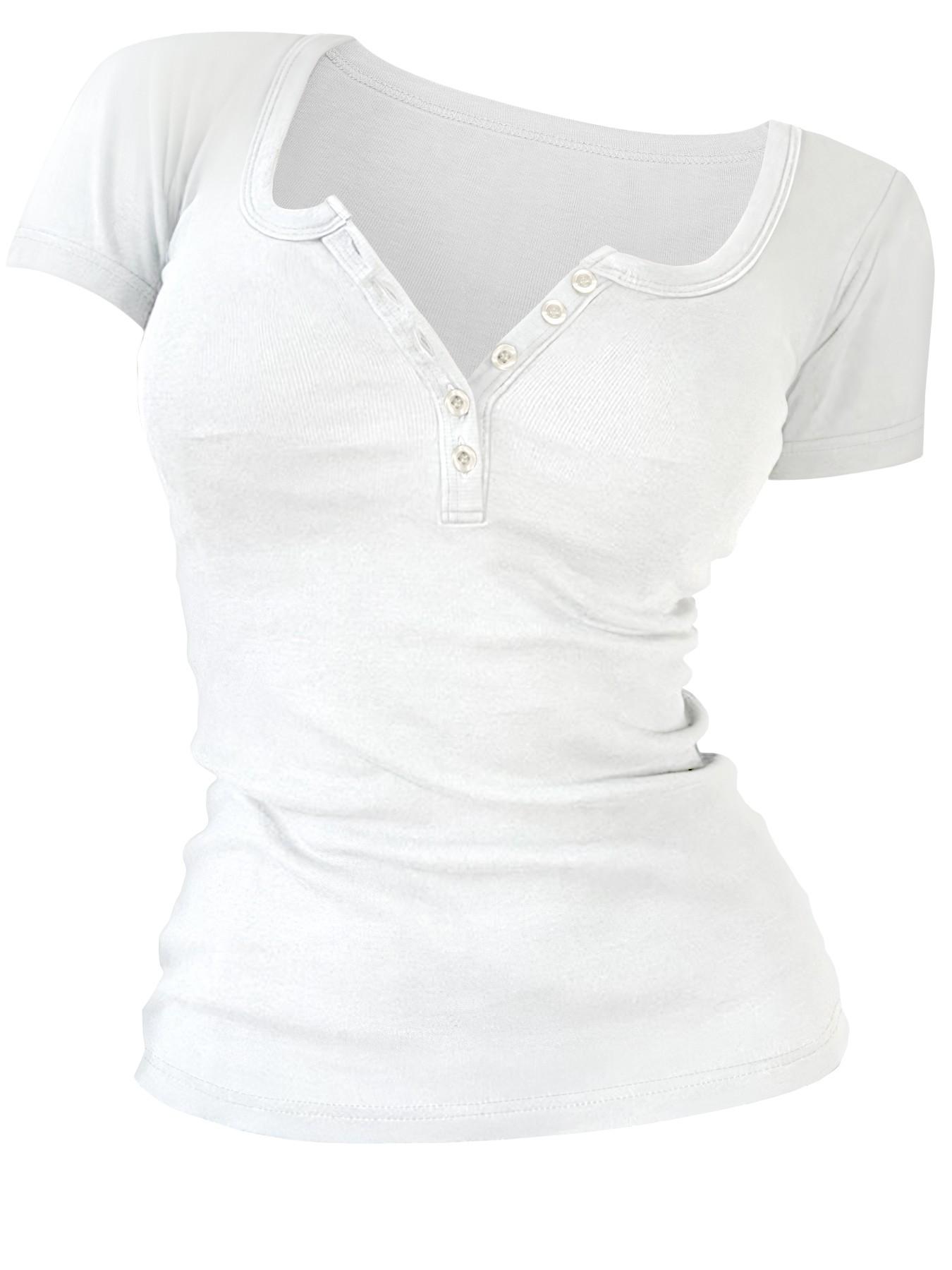 Women's Solid Color Button V-Neck Tee, Casual Short-Sleeve T-Shirt Top for Summer Daily Wear, Ladies Clothes