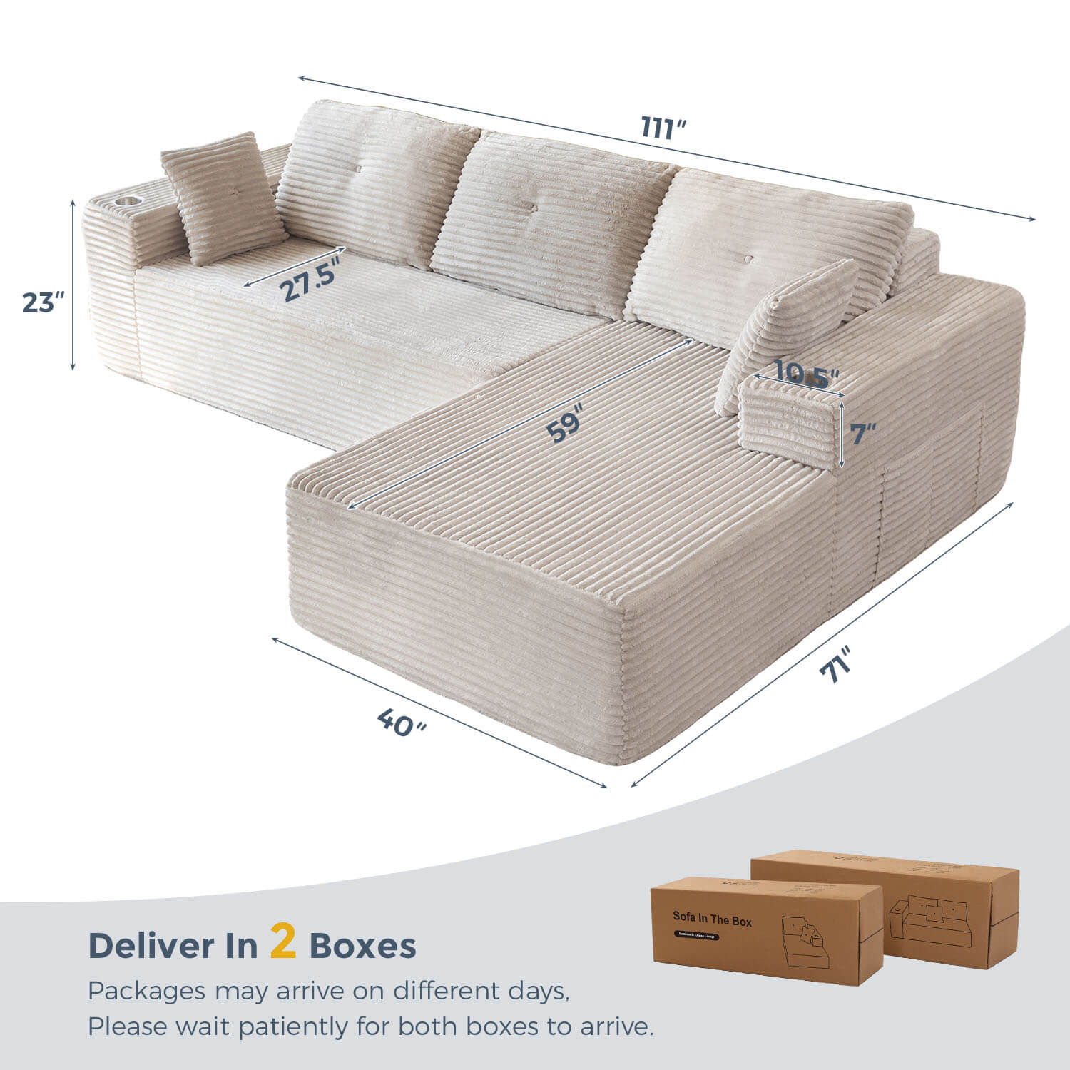 MAXYOYO Titan L-Shaped Sofa, 104" Modular Couch, Corded Cloud Sectional Floor Sofa, Cozy for Living Room or Apartment, 104"*65"*31.5", 2 Cupholders Design MAXYOYO Titan L-Shaped Sofa, 104" Modular Couch, Corded Cloud Sectional Floor Sofa, Cozy for Living Room or Apartment, 104"*65"*31.5", 2 Cupholders Design