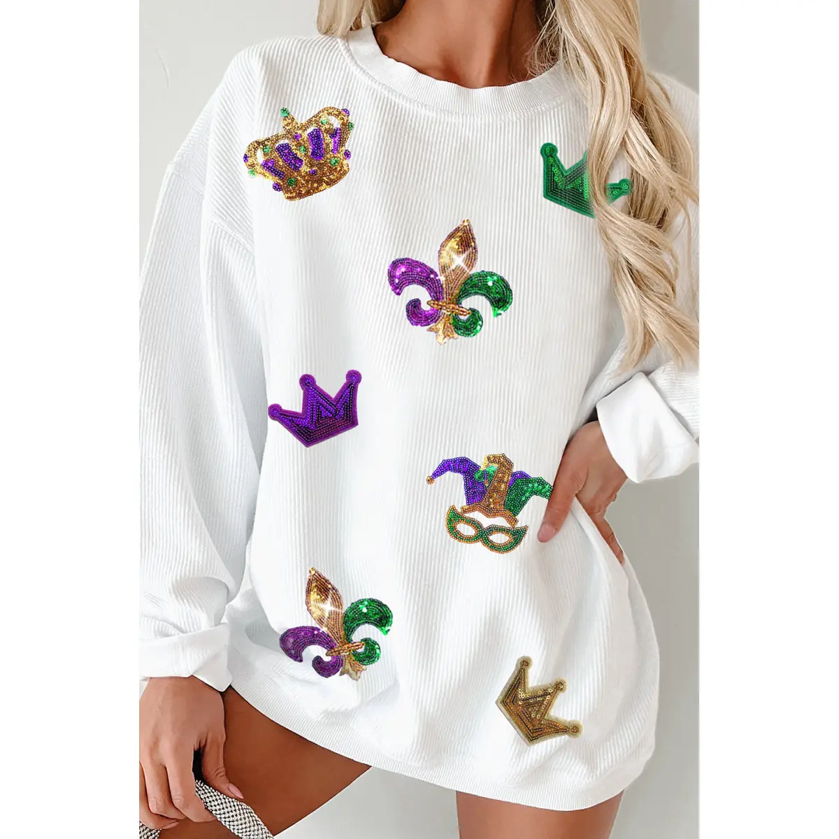 White Sequin Mardi Gras Symbol Crown Mask Patched Corded Sweatshirt