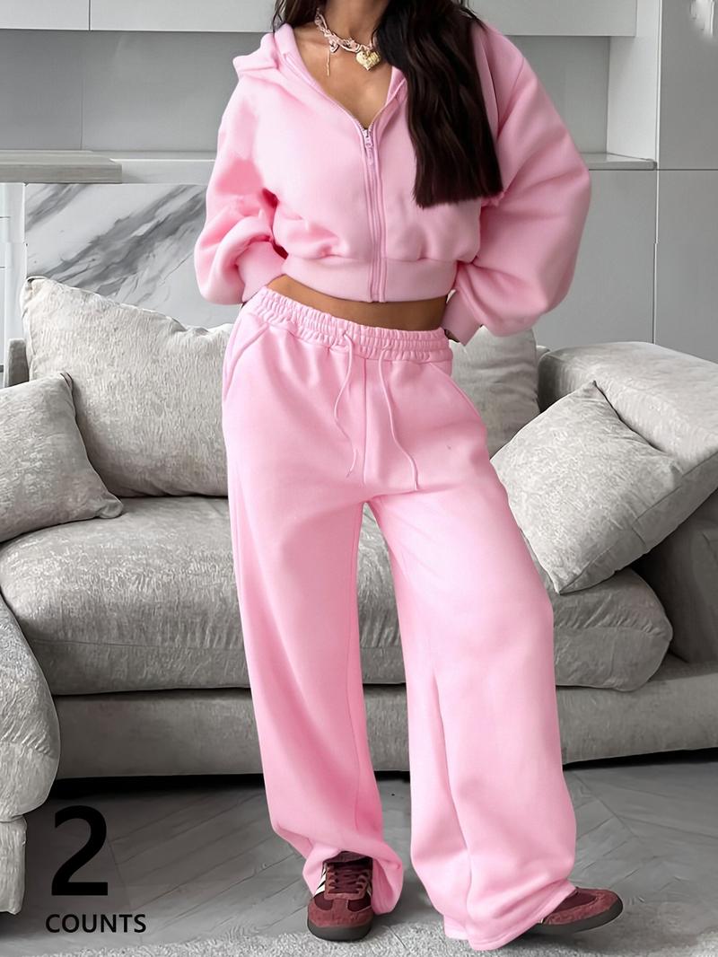 Women's Pink Autumn and Winter Short Sweatshirt and Loose Straight Pants Set, Casual and Fashionable Hooded Long-sleeved Sweatshirt and Sweatpants, Suitable for Daily Outdoor Wear, Comfortable Daily Wear
