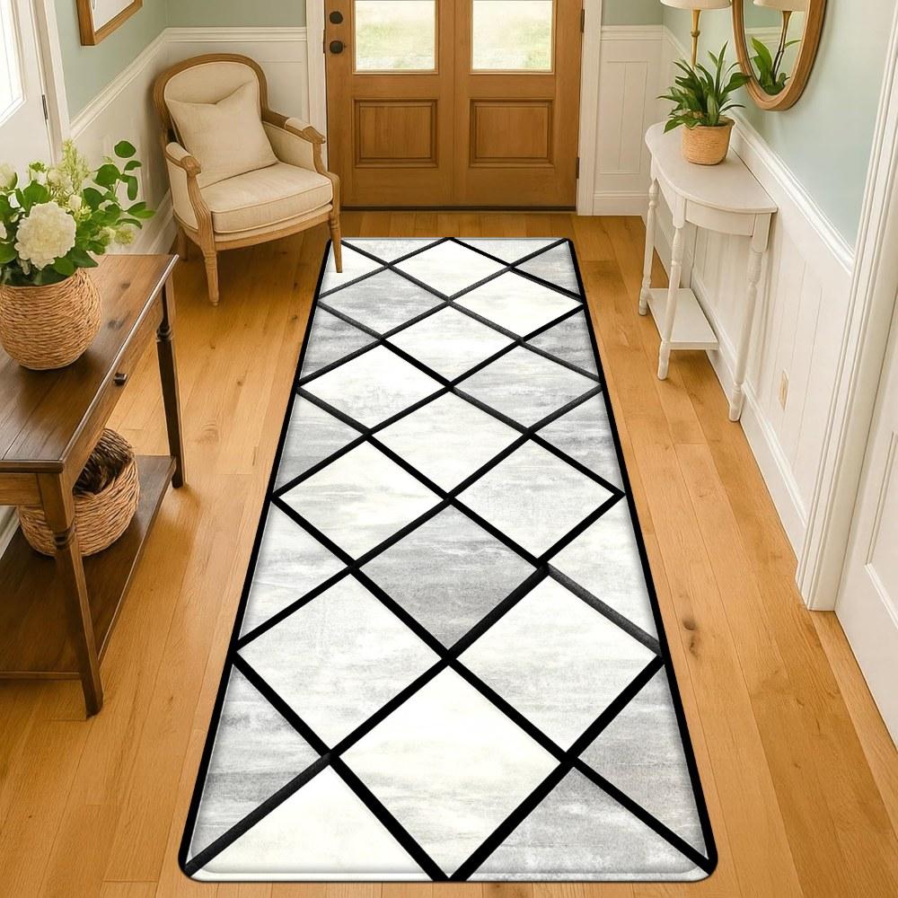 1PC， Black and White Diamond Geometric Pattern strip rugs, home décor, bathroom mats, entryway mats, bathroom non-slip mats, indoor entrance rugs, bedroom bedside mats, kitchen mats, hallway rugs, flannel sponge rugs, hallway runner rugs