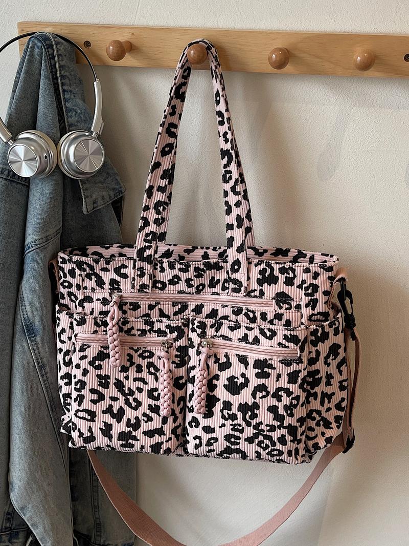 Retro leopard print fashionable shoulder bag, niche minimalist casual shoulder bag, personalized lazy leopard print multi pocket design, practical clown, suitable for students' daily commuting and shopping, Crossbody Tote Bag