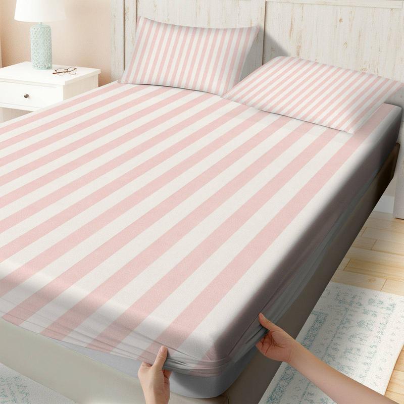 3Pcs Pink White Striped Fitted Sheet Three Piece Set (1*Fitted Sheet+2*Pillowcases, Coreless), Modern theme, Stripe Pattern Bedding Set, Mattress Protector Soft, Breathable