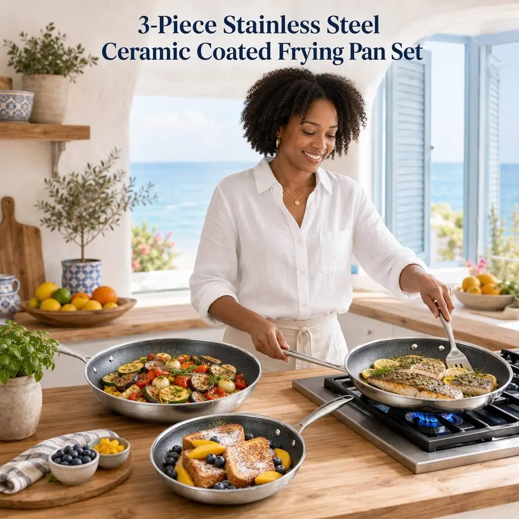 3-Piece Hybrid Nonstick  Stainless Steel Frying Pan Cookware Set (8/10/12 In)PFAS/PFOA/PTFE-Free Multi-Use Pots | Dishwasher/Oven Safe (500°F) | All Cooktops Compatible |  Family-Friendly | TikTok Shop Holiday Must-Have for Home & Party