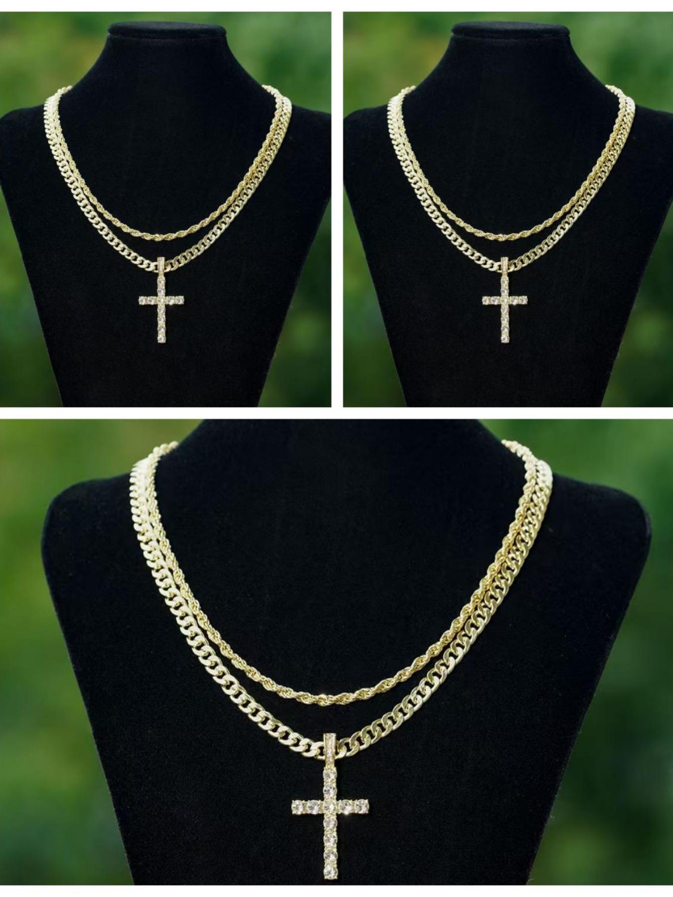 3pc Luxury Ice Zircon Cross Pendant Set, Faith Pendant Necklace, Cuban Link Design Chain & Braided Rope Necklace, Religious Jewelry Accessories