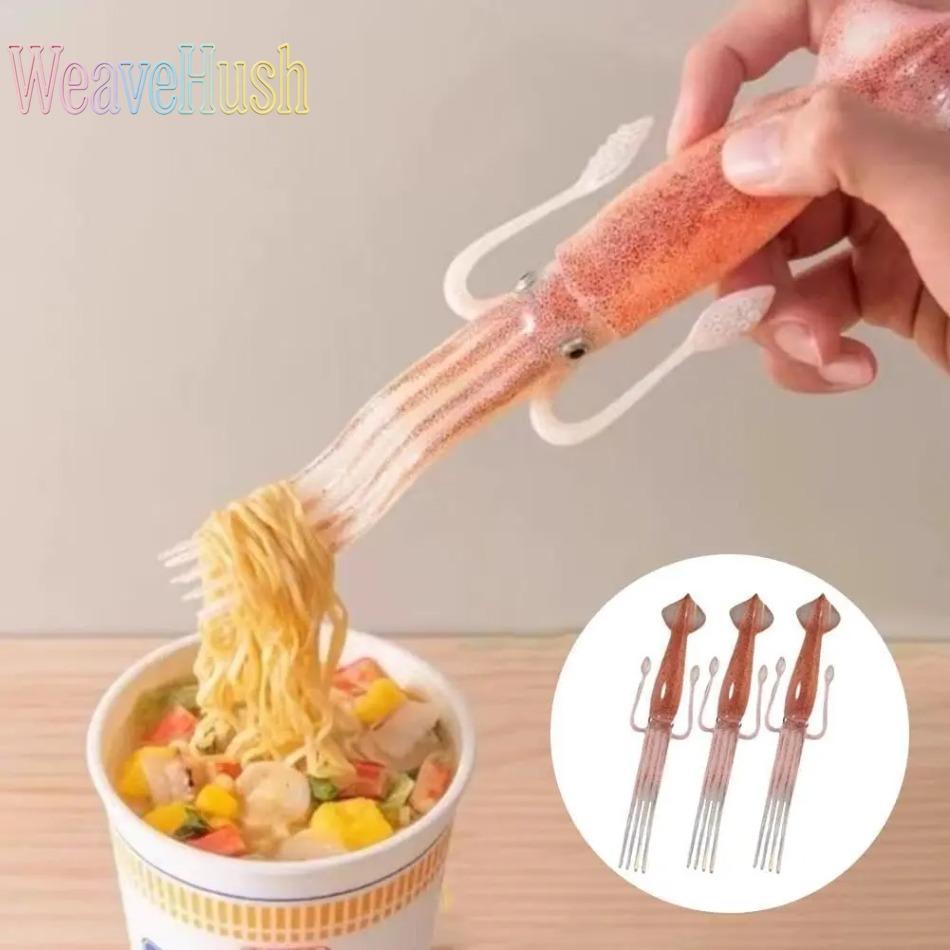 3-pack of creative squid-shaped forks, fun food-grade plastic noodle forks, unique ramen, pasta, and salad cutlery, a cool and prank gift for friends and teenagers, party supplies.