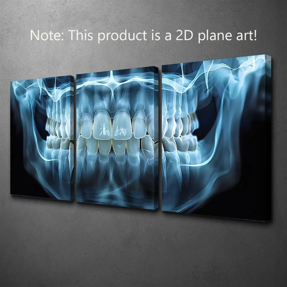 2D canvas art set, wall decoration set, three-piece framed canvas artwork, featuring a panoramic dental X-ray image with white teeth, ideal for dental clinic decoration, and a thoughtful gift for dentists
