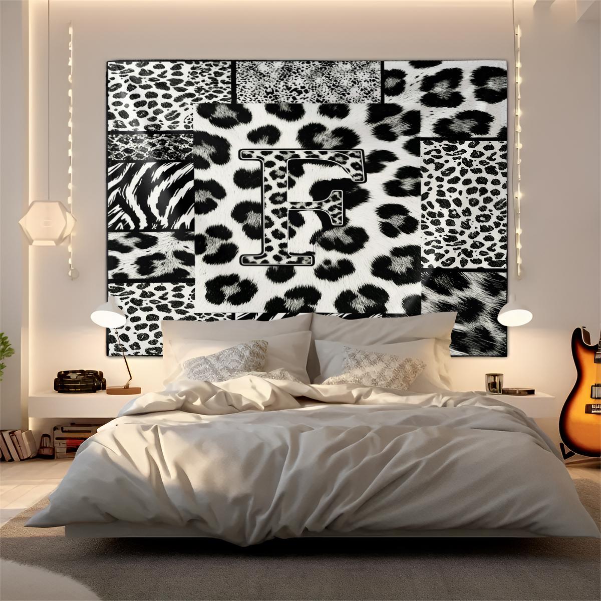 Personalized Initial Wall Tapestry, Retro Leopard Print Patchwork, Easy Care Good Shading, Suitable for Living Room Rental Wall Decor