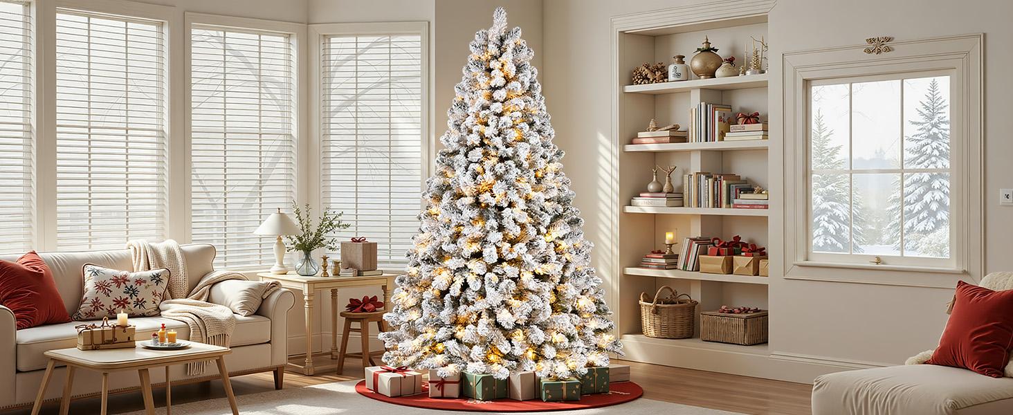 4/5/6/7.5/9FT Pre-Lit Snow Flocked Christmas Tree with Warm White Lights & Foldable Stand – Perfect for Holiday, Home & Party Decoration