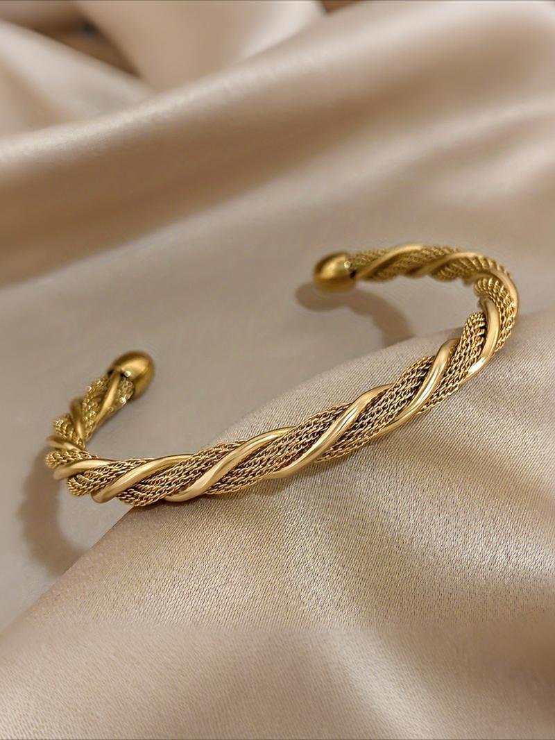 Stainless Steel Open Bangle Bracelet, Fashionable Simple Weave Design, Casual Women's Daily Commute Accessory, Versatile Hand Jewelry