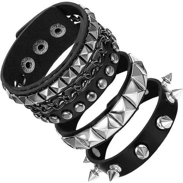3Pcs Gothic Rivet Spike Studded Bracelet Set Multi-layer Punk Rock PU Leather Cuff Wristband Bracelets for Men Women Stackable Retro Emo Cuff Bracelets Halloween Accessories Cuff Bangle Jewelry