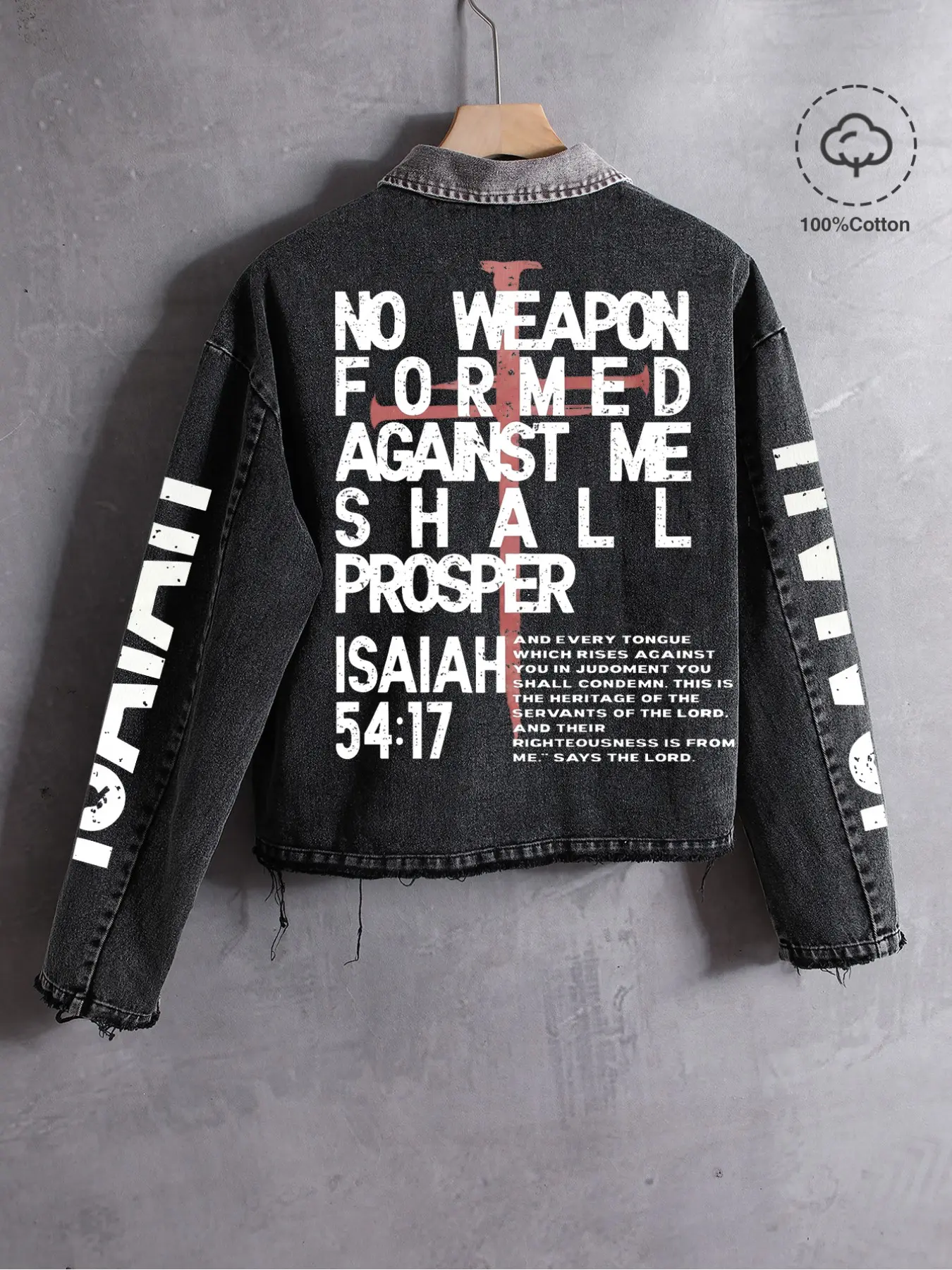 Men's Isaiah 54:17 Bible Verse Pattern Denim Jacket, Vintage Washed Hem Short Denim Coat, Christian Streetwear, 100% Cotton, Fall Winter