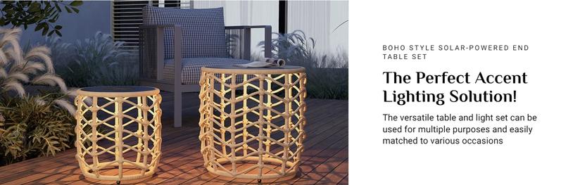 GRAND PATIO Wave Outdoor Nesting Tables Built-in Solar Lights Set of 2, Weather-Resistant Wicker, Boho Style for Patio and Porch, Natural Round Design Furniture Aesthetic