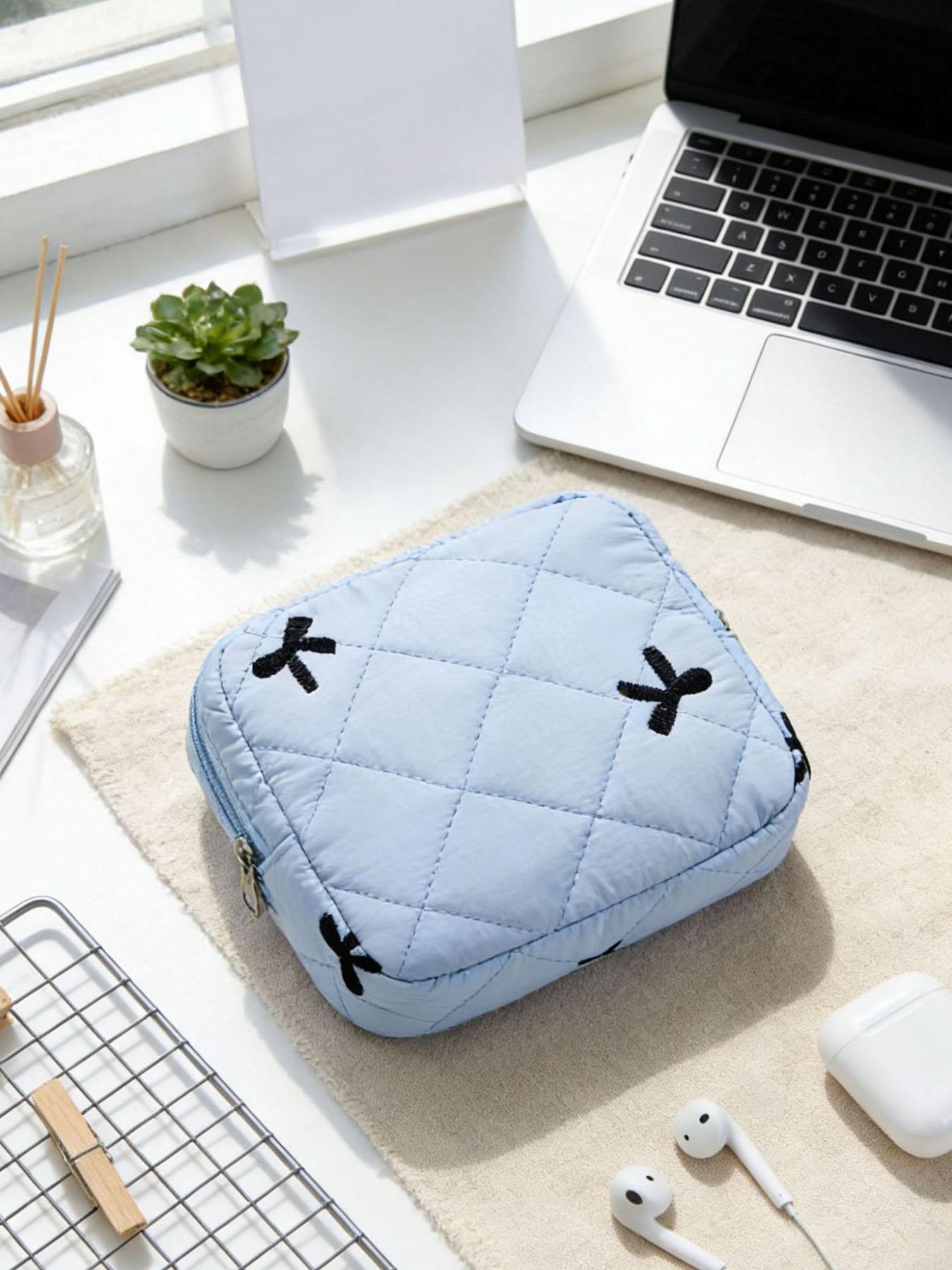 Bow Embroidery Quilted Makeup Bag, Small Portable Cosmetic Pouch for Women, ONLY 1 PC