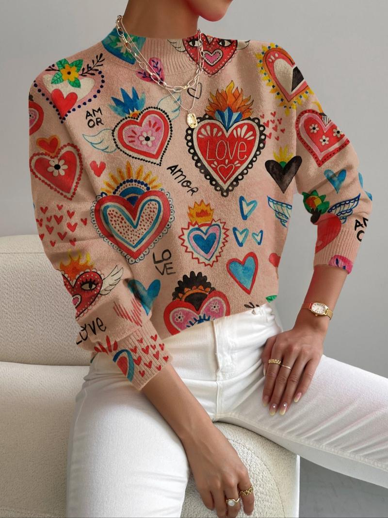 Women's Knitted Sweater, Cartoon Heart Print Design, Casual & Elegant Style, Perfect for Daily Wear, Holiday, Valentine Gift Idea