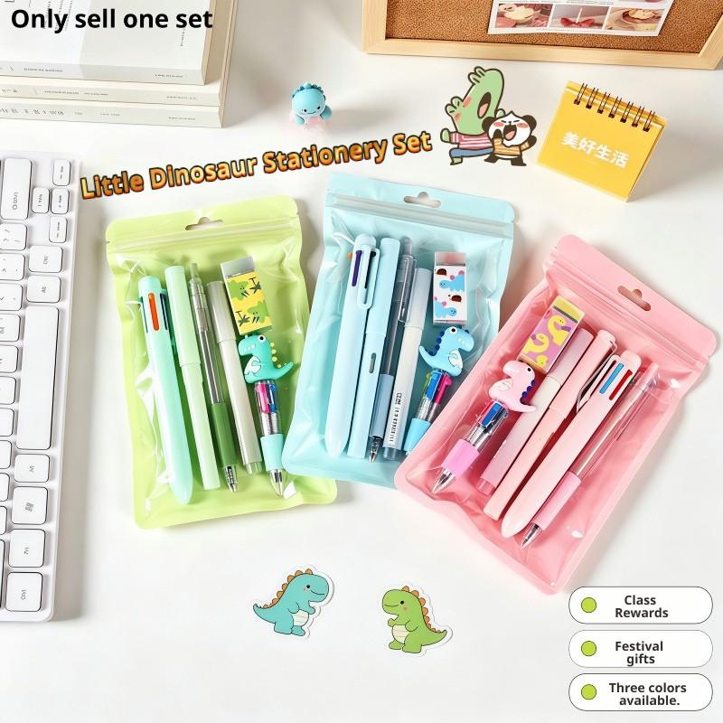 1 set of 6-piece dinosaur themed stationery, including dinosaur 6-color pens, pencils, ballpoint pens, erasers, and markers, Essential for back to school, Study Supplies. There are 3 colors to choose from, suitable for classroom rewards and holiday gifts