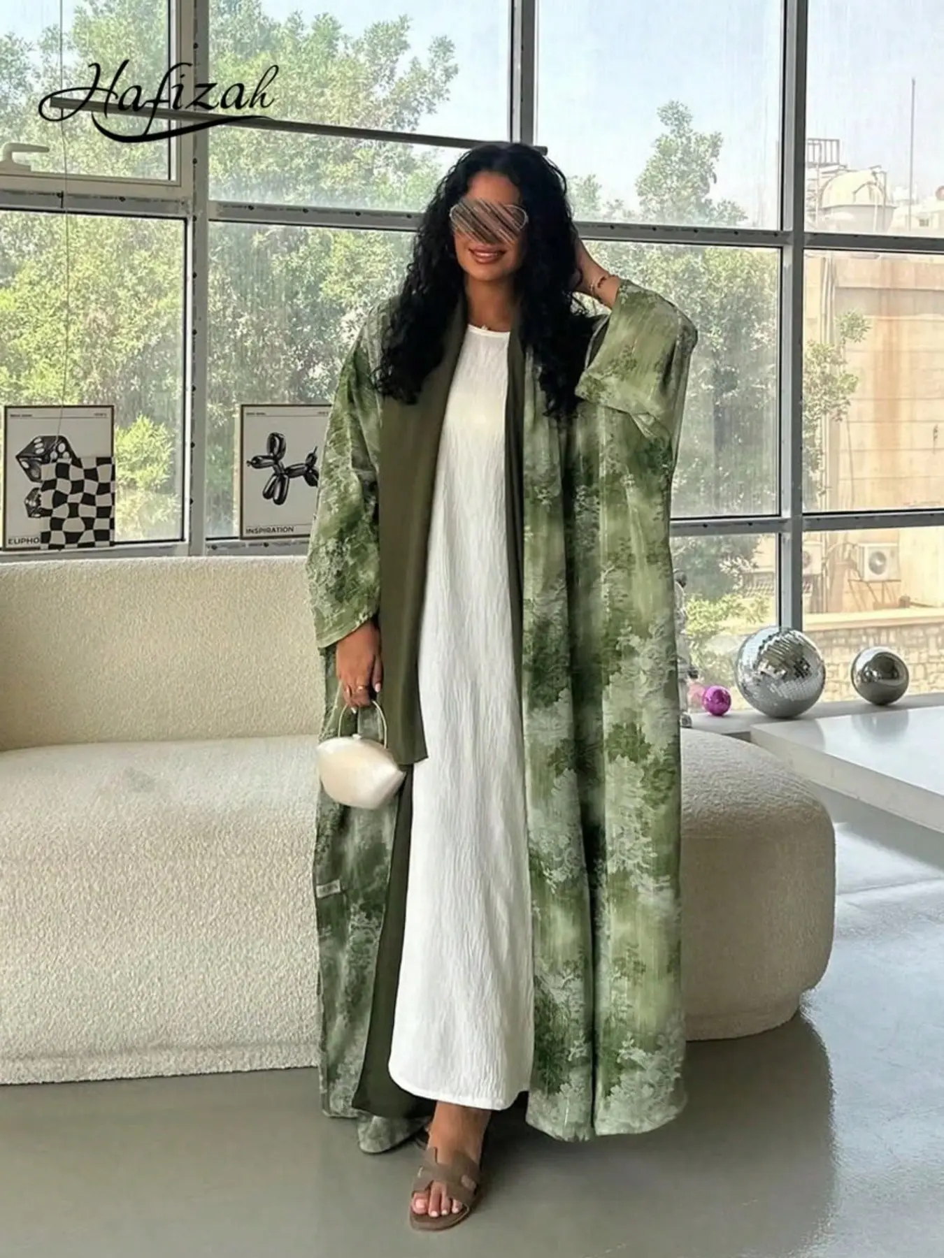 Women's Muslim Robe Kimono Open Front, Printed Long Dress, Elegant Design with Headscarf, Perfect for Eid and Ramadan Parties