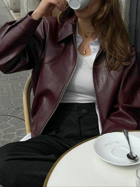 Women's Plain PU Leather Jacket, Casual Fitted Fall Outerwear Coat, Comfortable Moderate Fabric for Daily Wear & Office Use