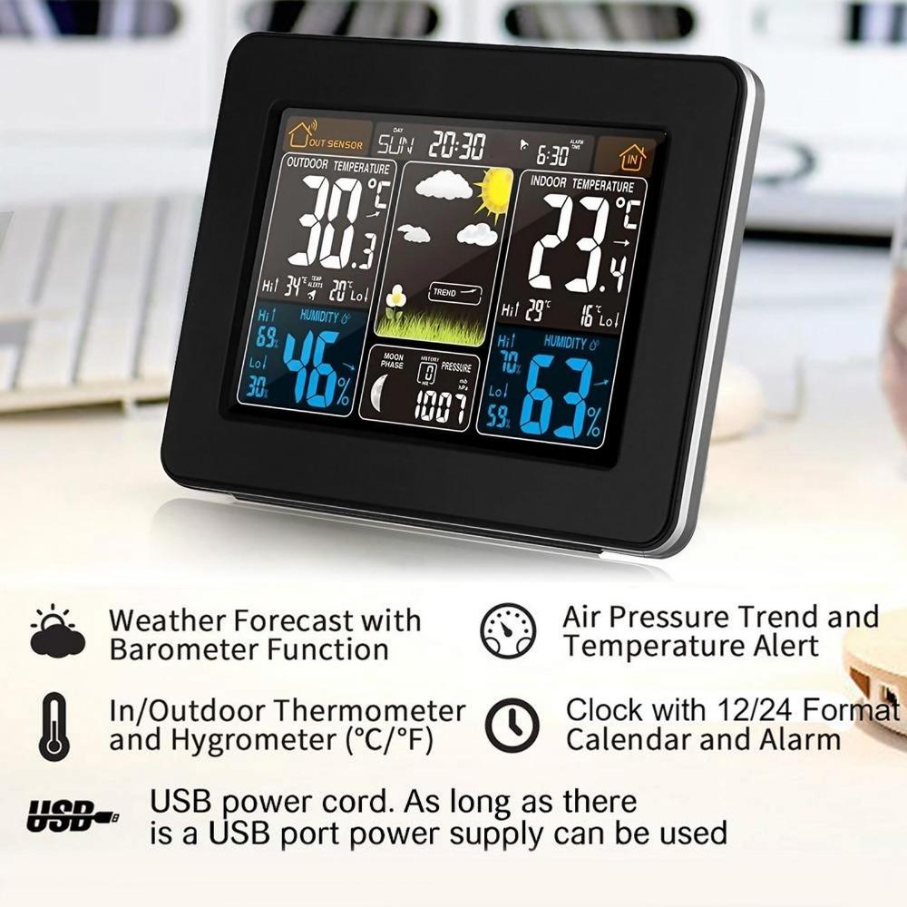 Multi-Function Wireless Weather Station with Color Display, Indoor Outdoor Lcd Thermometer Hygrometer, Alarm Clock, Weather Forecast, Barometer, Moon Phase and Environmental Monitor for Home.