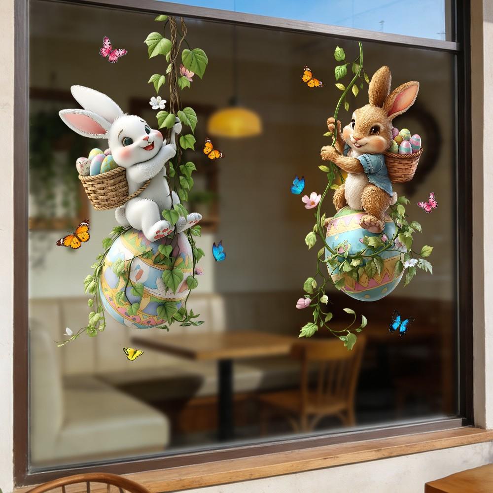 Easter Bunny Swing Egg Static Transparent Glass Film, Waterproof Removable PVC, Festival Decor for Home Shop Outdoor Party