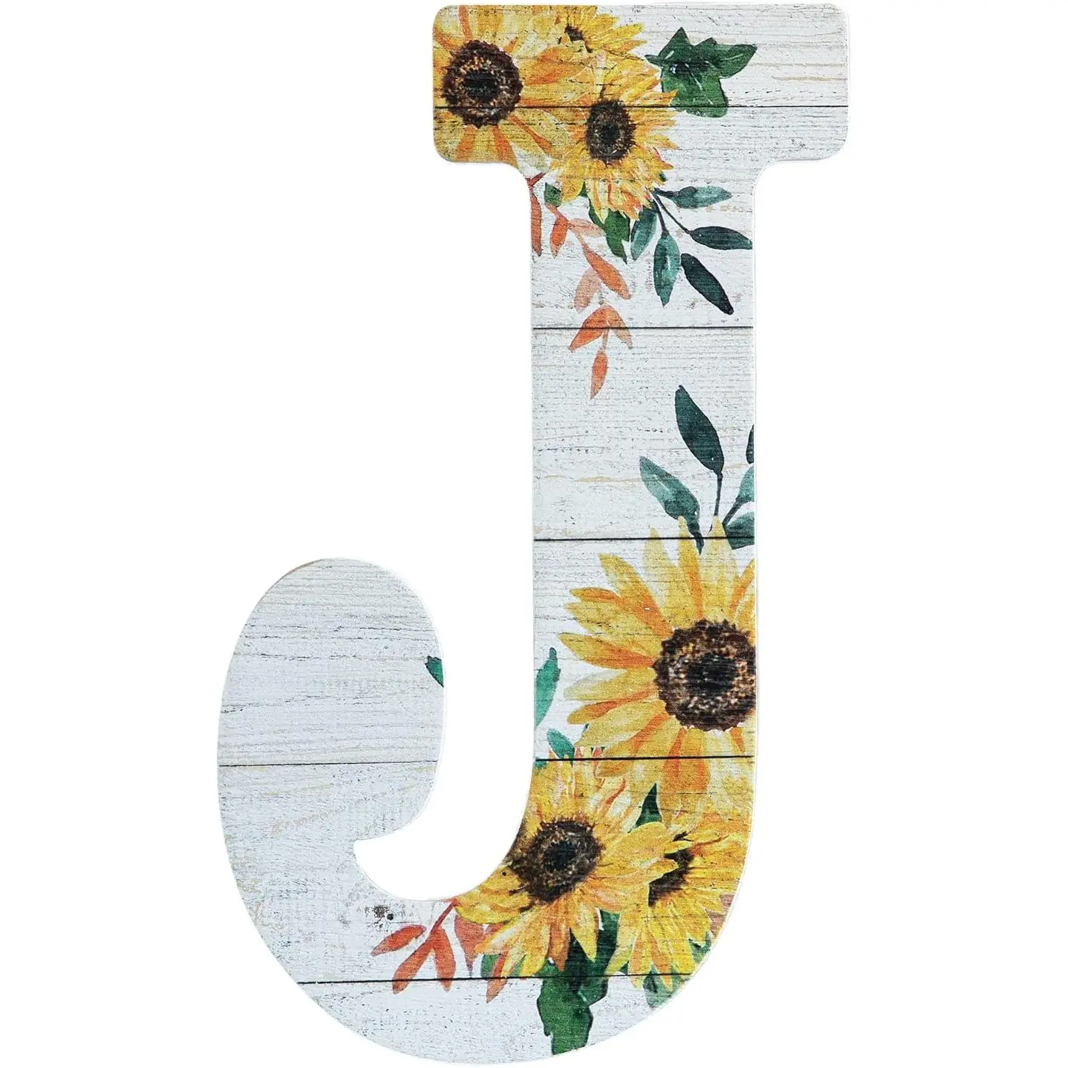 12" Wood Letters for Wall Decor, Rustic Wall Sign, Decorative Hanging Alphabet Signs, House Number, Decorations for Wedding Birthday Housewarming Party, Washed White, Sunflower (J)