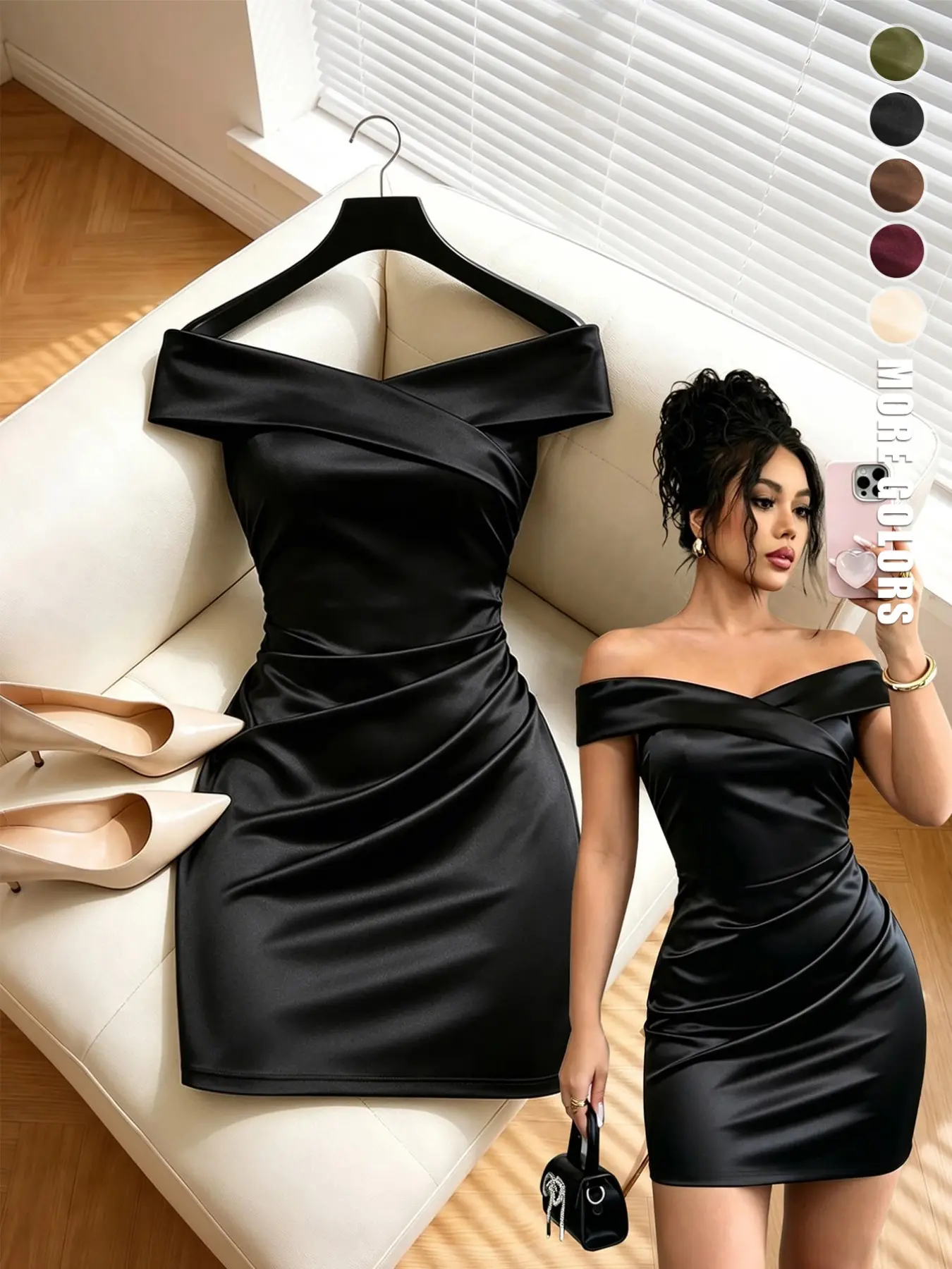 【Black Friday】Women’s Off-Shoulder Cross-Front Mini Dress, Slim Fit Ruched Waist Bodycon Party Dress, Trendy Short Cocktail Dress