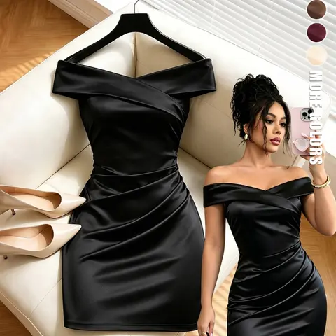 European and American Style One-Shoulder Cross Back Short Pleated Dress, Side Pleat Waist Cinch Slim Fit Party Skirt, Trendy Fashion