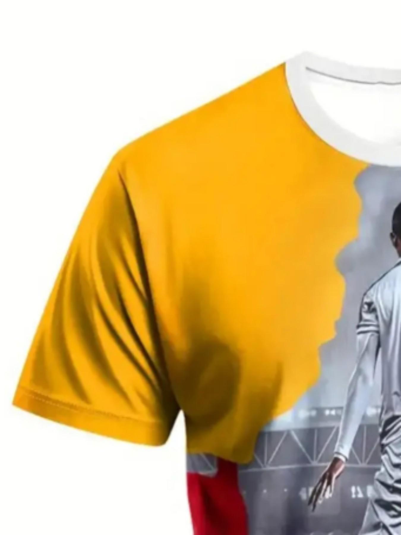 Men's Portugal Flag Football Print T-Shirt, Street Style Round Neck Short Sleeve Top, Sporty Loose-Fitting All Seasons Clothing