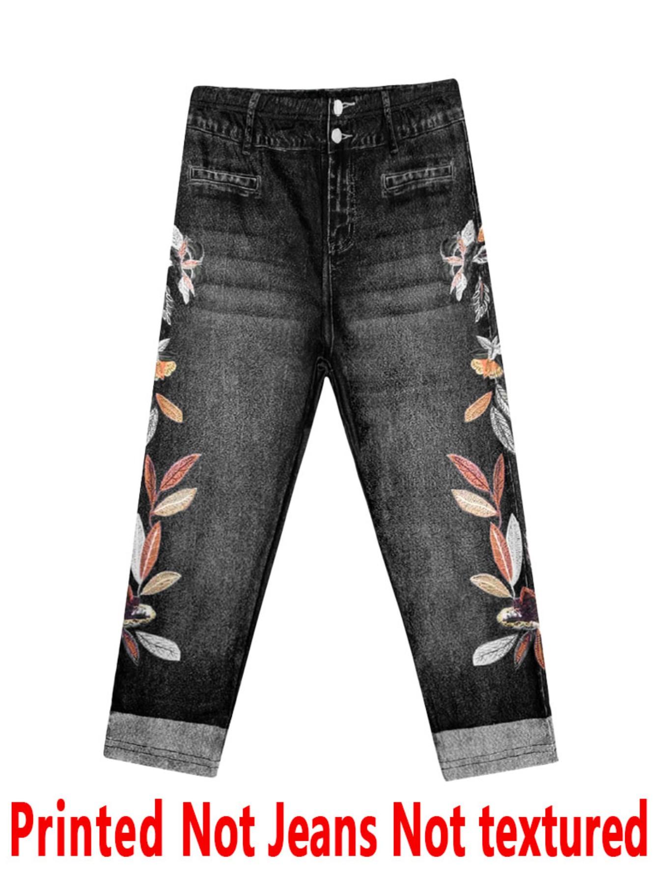 Women's Printed Skinny Pants Non-Denim Fabric, Ladies Seven-Inch Print Jeans-Like Bottoms, All Seasons Fashion