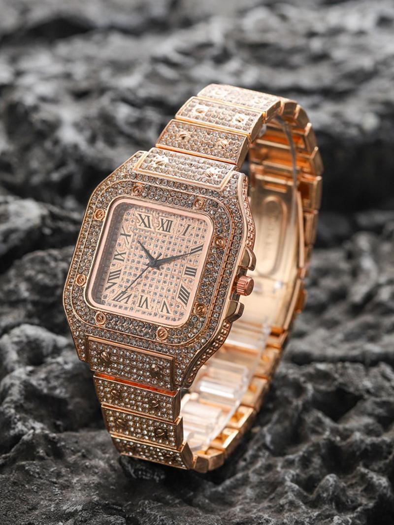 A square-shaped men's quartz watch featuring a starry sky design on the dial, stainless steel strap, diamond embellishments, and Roman numerals, Diamond Wrist Watch