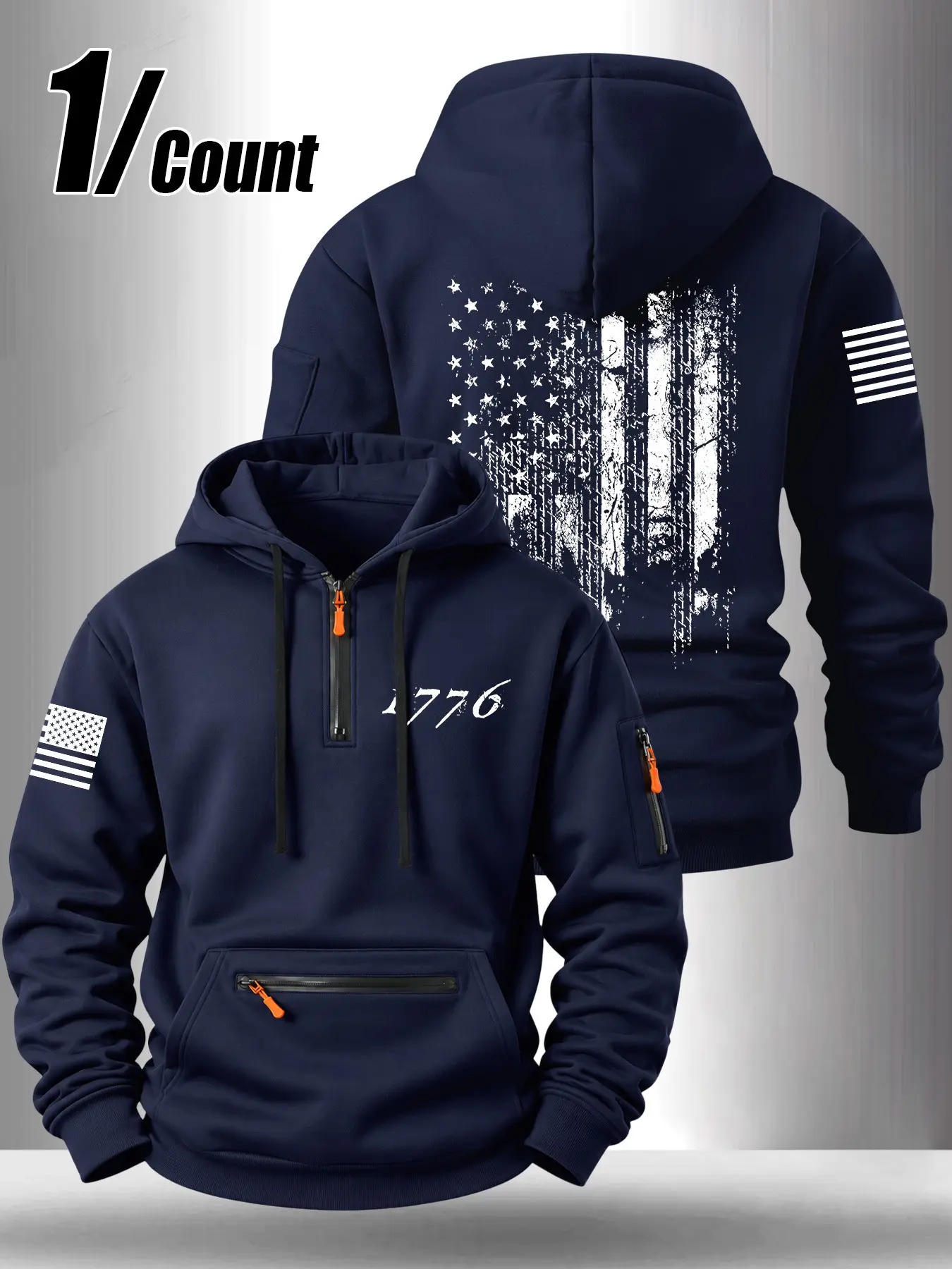 Men Half Zip Tactical Hoodie, Vintage Distressed American Flag & 1776 Graphic Sweatshirt, Multi Zipper Pockets Patriotic Hooded Pullover #TacticalHoodie #1776Patriot #AmericanFlag #MensOutdoor #PatrioticClothing