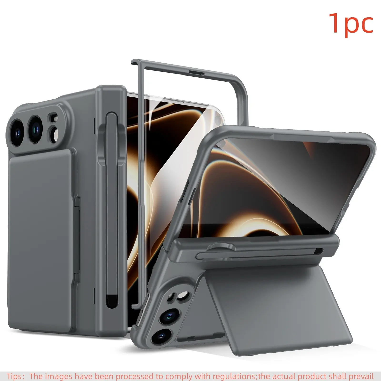 High-End Solid Color Phone Case for iPhone Duo, Includes Tempered Glass, Stand, Card Slot, Stylus, Central Protection Cover, Shockproof Foldable Case