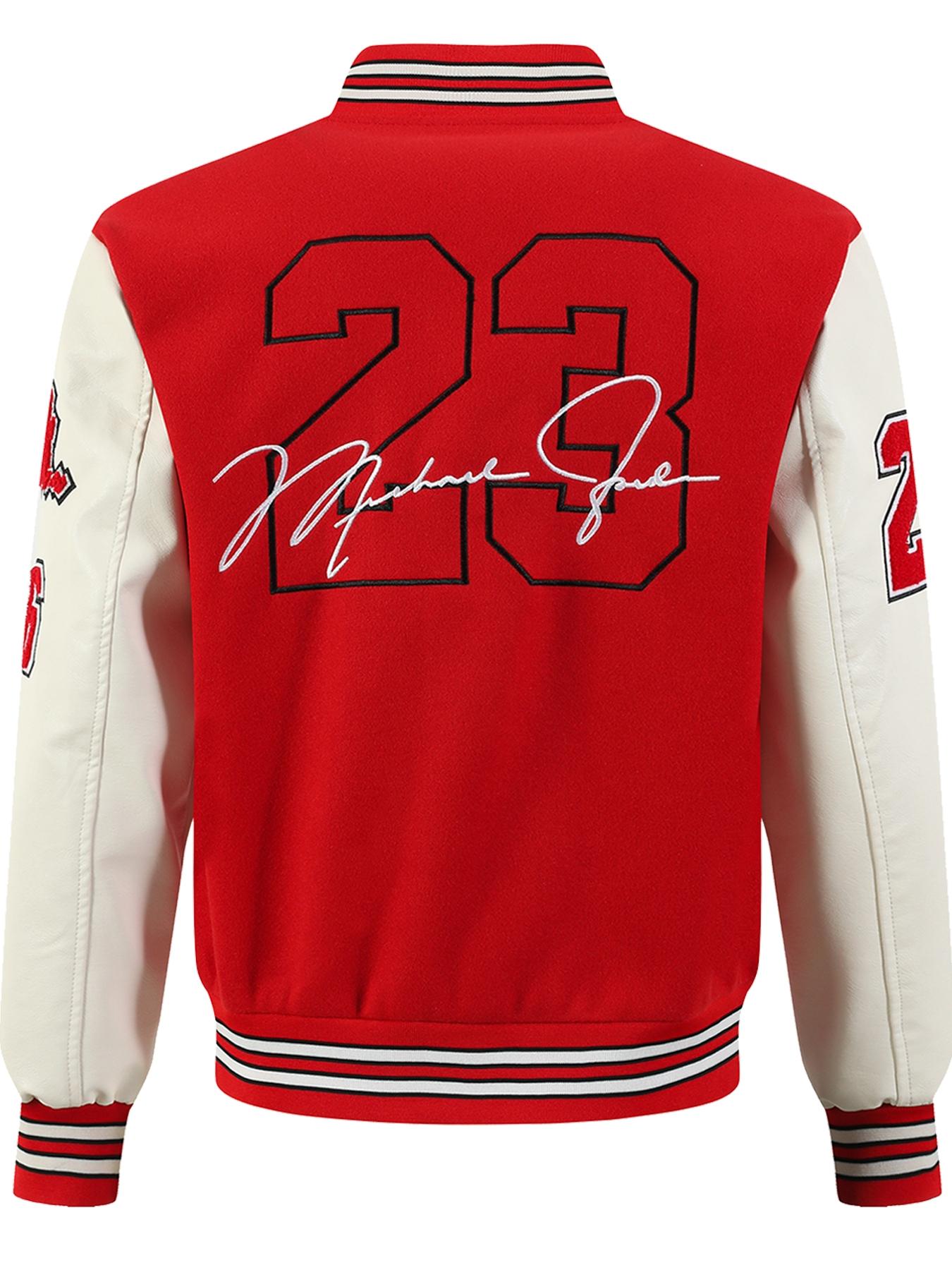 Men's red #23 Number Baseball Jacket, Loose Casual Fashion High-End Embroidered Button-Up, Patchwork white PU Long Sleeve College Style Coat, Street Fashion Outerwear