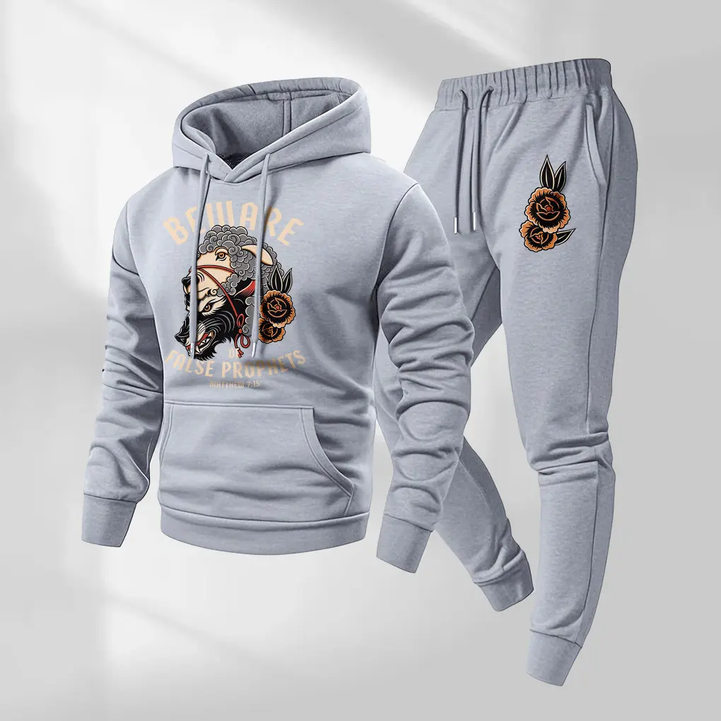 Men’s “Wolf In Sheep’s Clothing” Graphic Hoodie And Jogger Set, American Traditional Print, Long-Sleeve Hooded Jacket With Matching Pants, Relaxed Streetwear Tracksuit For Fall Winter, Daily Wear And Outdoor Sportswear