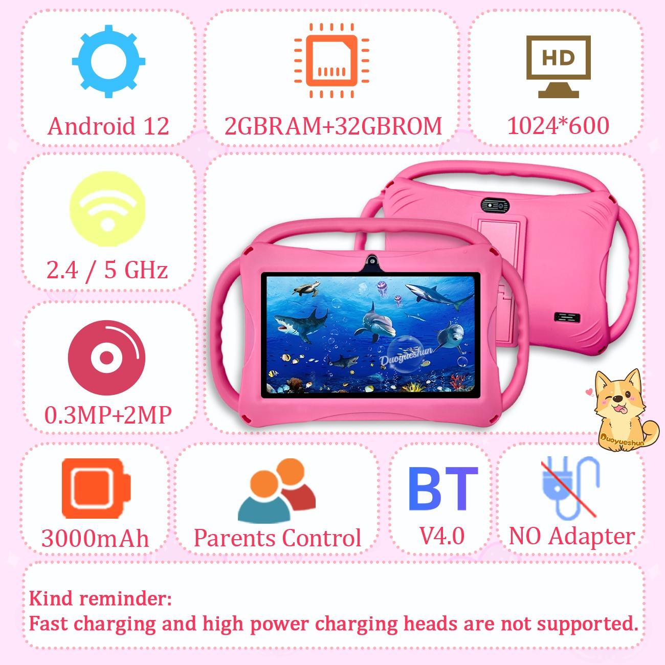 Surprise Arrival, 7-inch Android tablet, Touchscreen tablet, suitable for children, portable, 2GB RAM and 32GB ROM, 5G WiFi connectivity, educational, learning and entertainment device, available in pink and blue, gifts for children