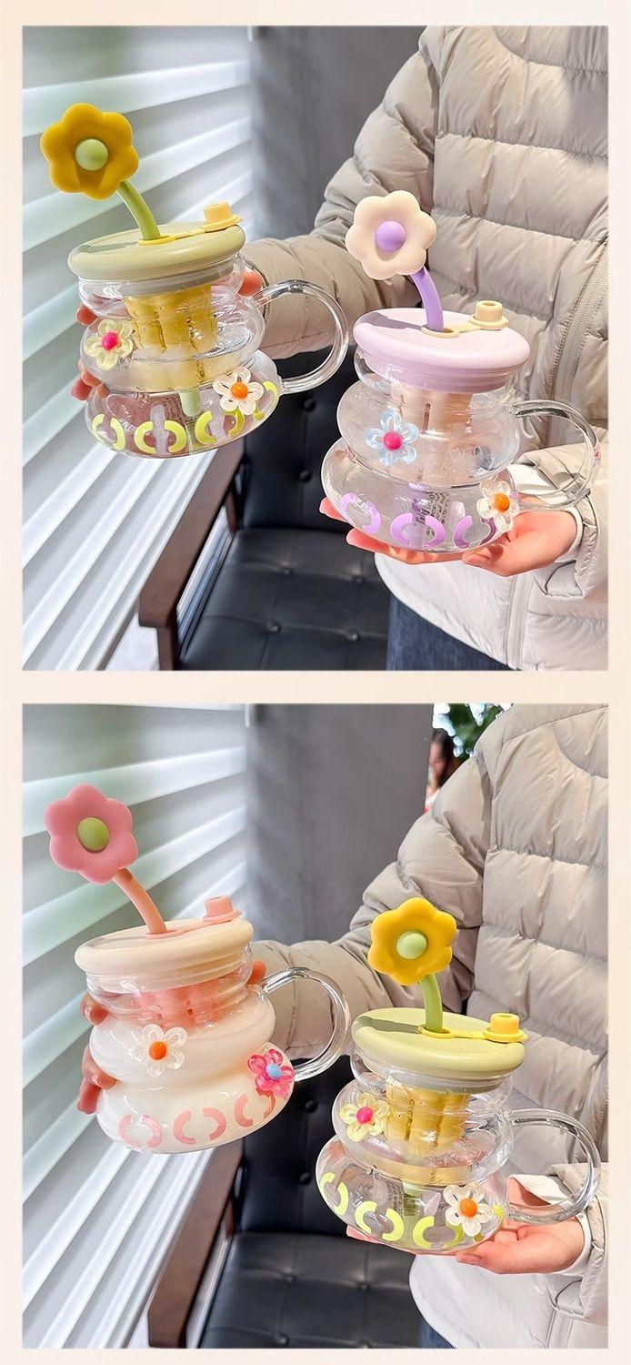 Cute Flower Glass Mug Cup with Flower Straw, Supports Straw Drinking and Direct Drinking, Meets Different Drinking Needs, Perfect for Everyday Use, Drinkware