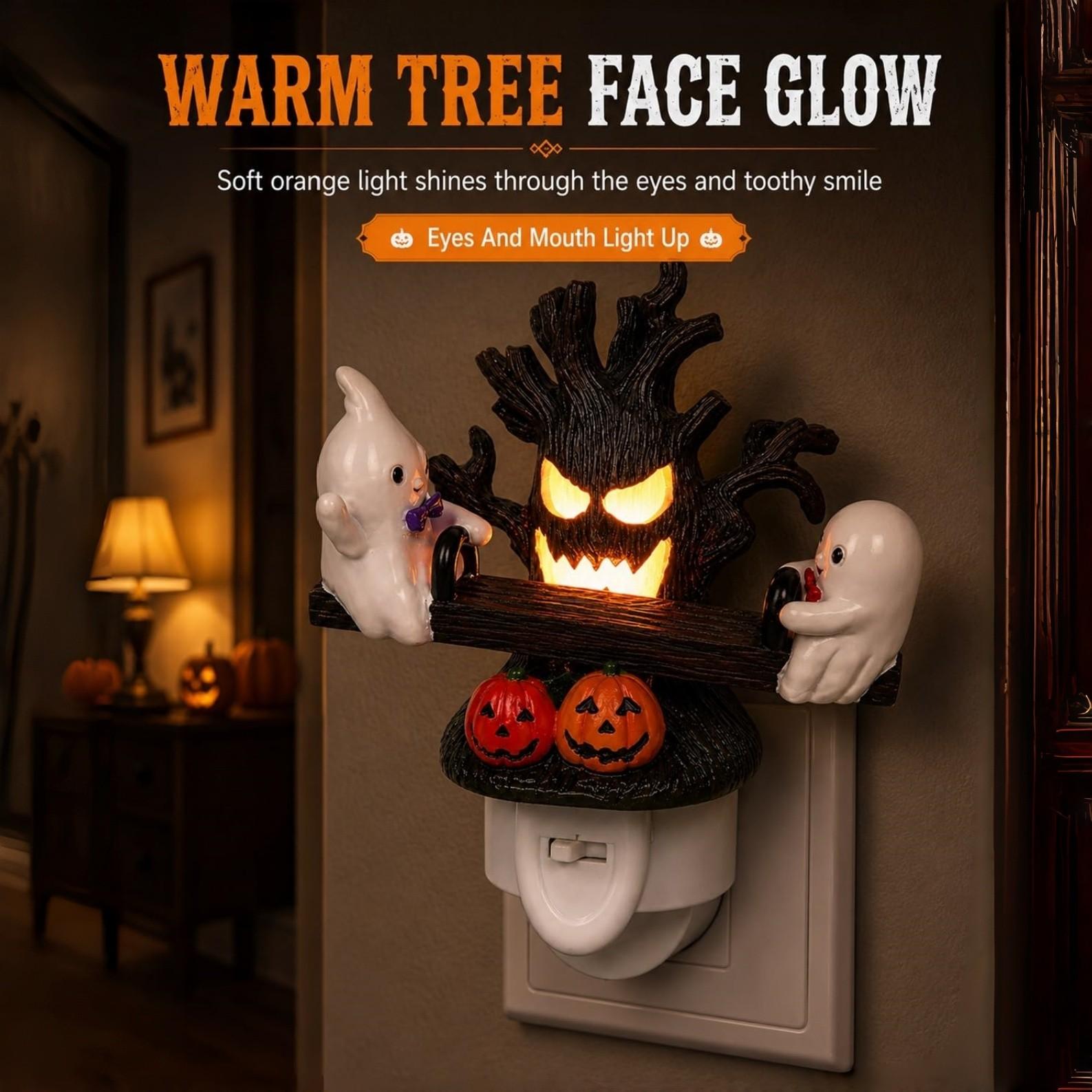 Friendly Ghosts Move up and Down for Playful Halloween Charm, Animated Seesaw Ghost Night Light, Holiday Decoration Lights, Festive Decoration, Manual Press Rocker Plug in Resin Wall Decor Glowing Tree Face Pumpkin Bedroom