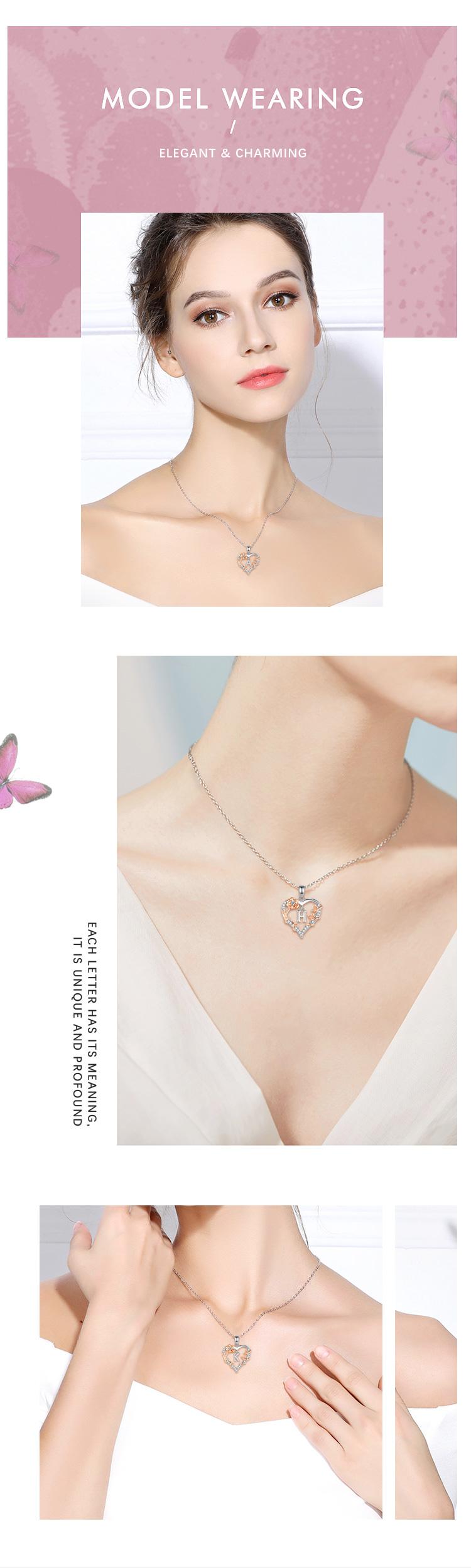 Personalized Letter Heart Necklace, Custom Initial Pendant Charms, Perfect Valentine’s Day Gift for Girlfriends, Moms, RoseGold Flower Jewelry