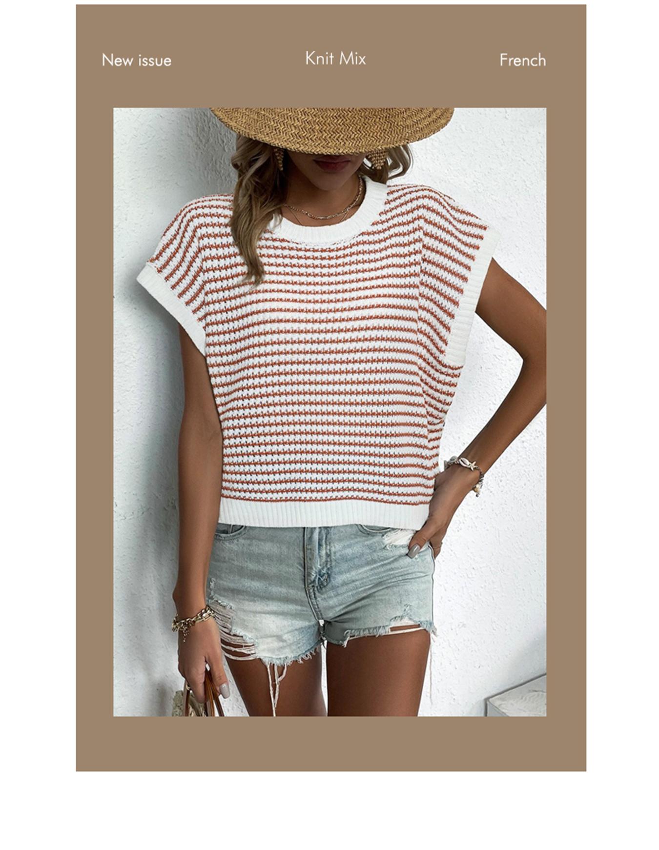 Women's Striped Knitted Vest Top, Round Neck Cap Sleeve Casual Loose Fit, Elegant Summer Fashion, Versatile Women's Knitwear