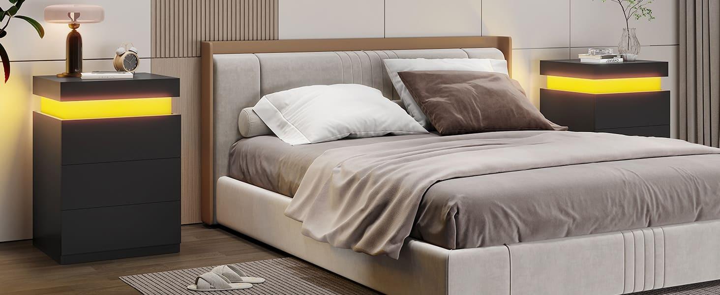 Sikaic Nightstand With Sliding Top Charging Station And LED Lights Bedside Cabinet Modern Dressing Table