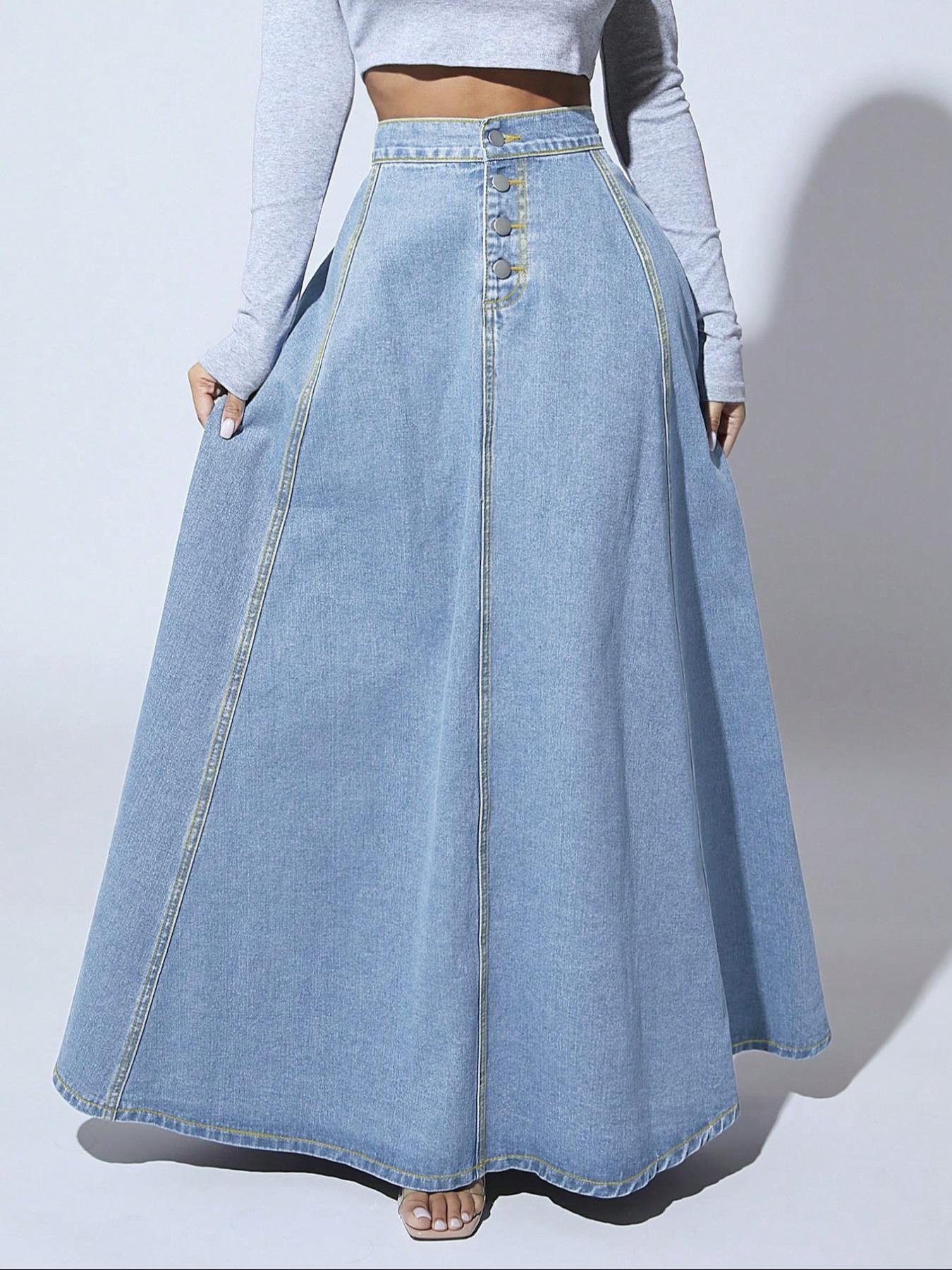 Women's Fashion Casual Washed Long Denim Button Skirt, Stylish High Waist A-Line Skirt for Daily Wear, Comfortable and Trendy Design