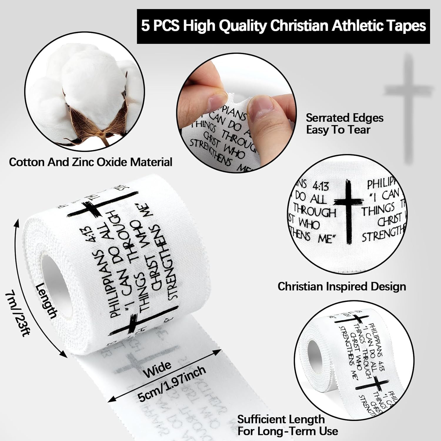 5Pcs-8Pcs Christian Athletic Tape 2in x 23ft, Cotton Zinc Oxide Sport Tape with Faith Cross & Bible Verse, Religious Wrist Wrap for Football Baseball Gym Boxing First Aid Injury Support